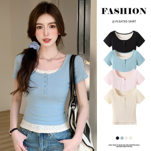 上衣 显瘦外穿条纹打底衫 820蕾丝花边拼接假两件短袖 T恤女内搭修身