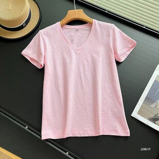 26新款女装竹节纱V领T恤/短袖 白色水粉色藏青色奶黄色浅蓝色灰色