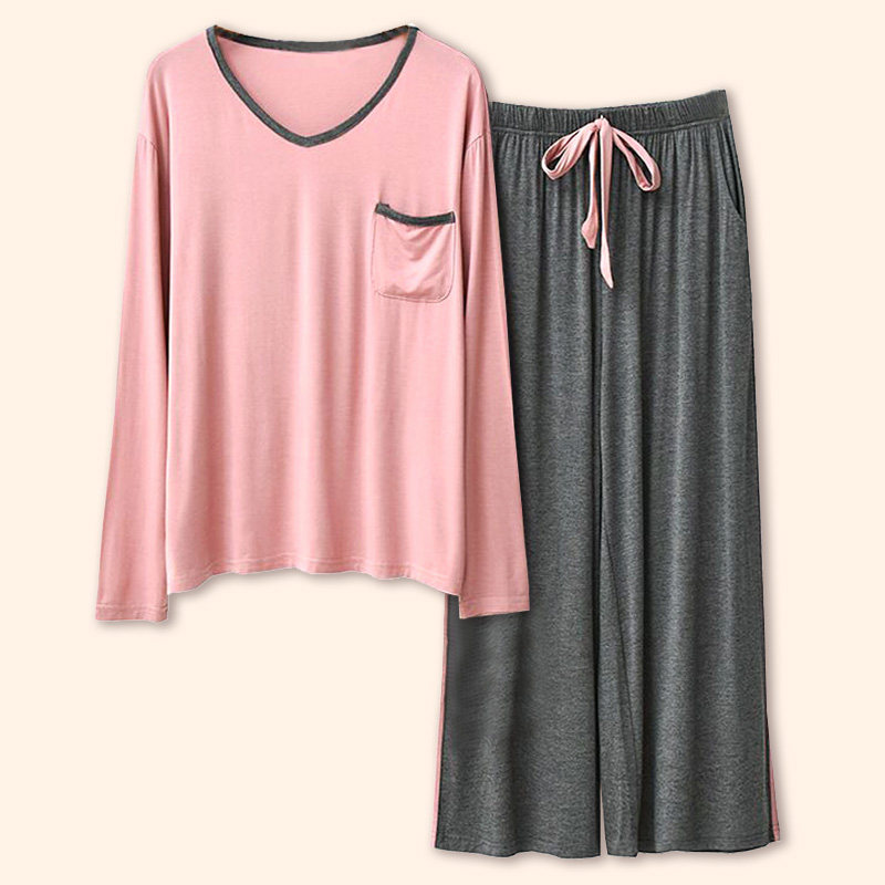 2023春秋莫代尔睡衣女 长袖长裤口袋V领宽松 运动瑜伽休闲家居服