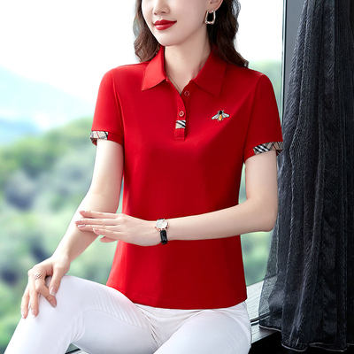 洋气短袖t恤女夏装时尚妈妈polo衫纯棉宽松显瘦上衣翻领大码绣花