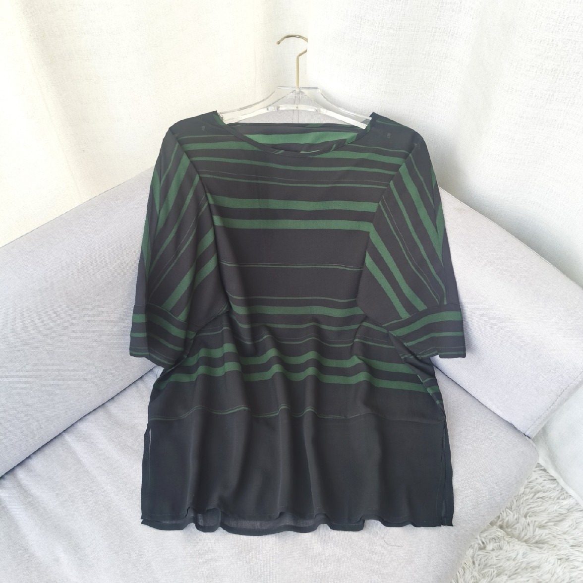 大码妈妈夏装条纹短袖T恤雪纺小衫中老年女装大码上衣洋气宽松