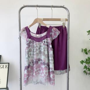 女睡衣套装断码特价四方领短袖中裤雪纺冰丝两件套家居服外穿睡衣