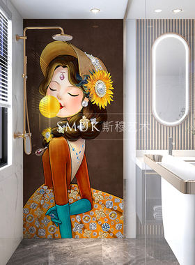 卫生间防水装饰挂画免打孔现代轻奢厕所浴室洗手间自粘画钻石少女