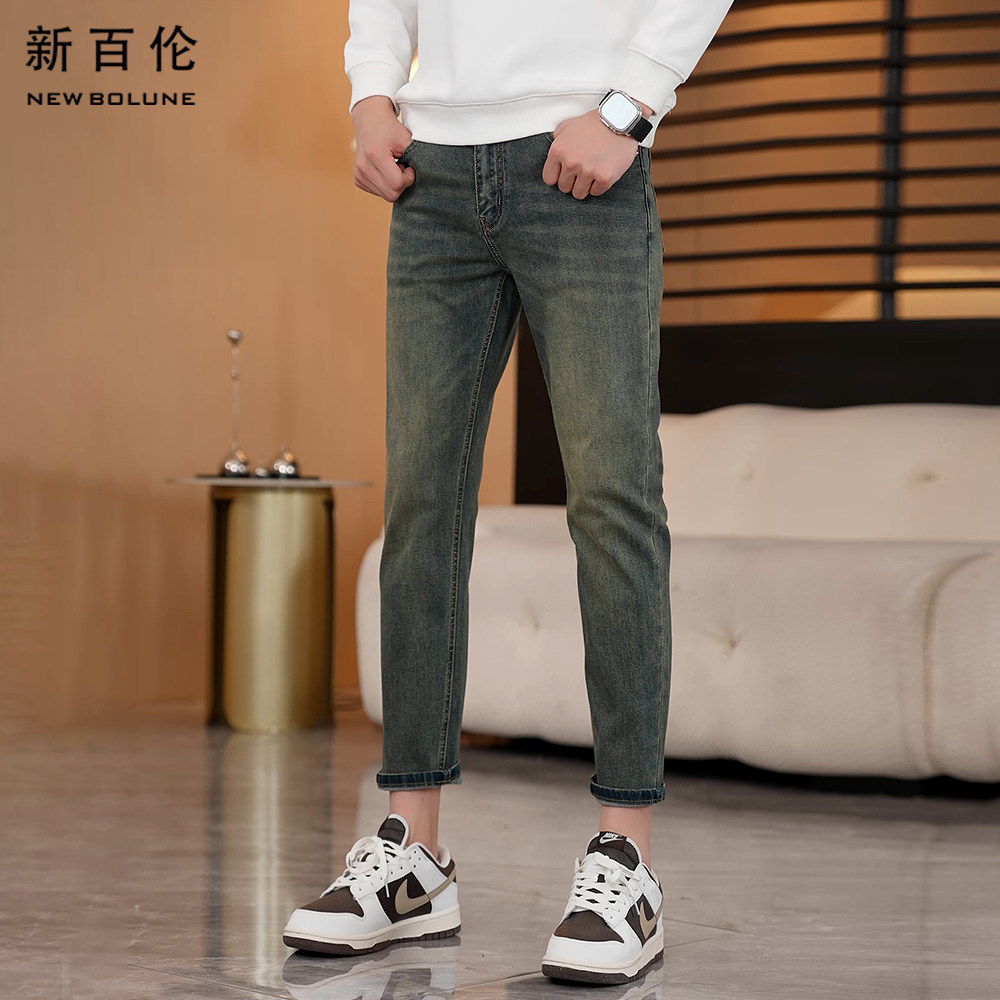 新百伦春夏九分牛仔裤男怀旧蓝2026新款轻奢修身百搭直筒男款长裤