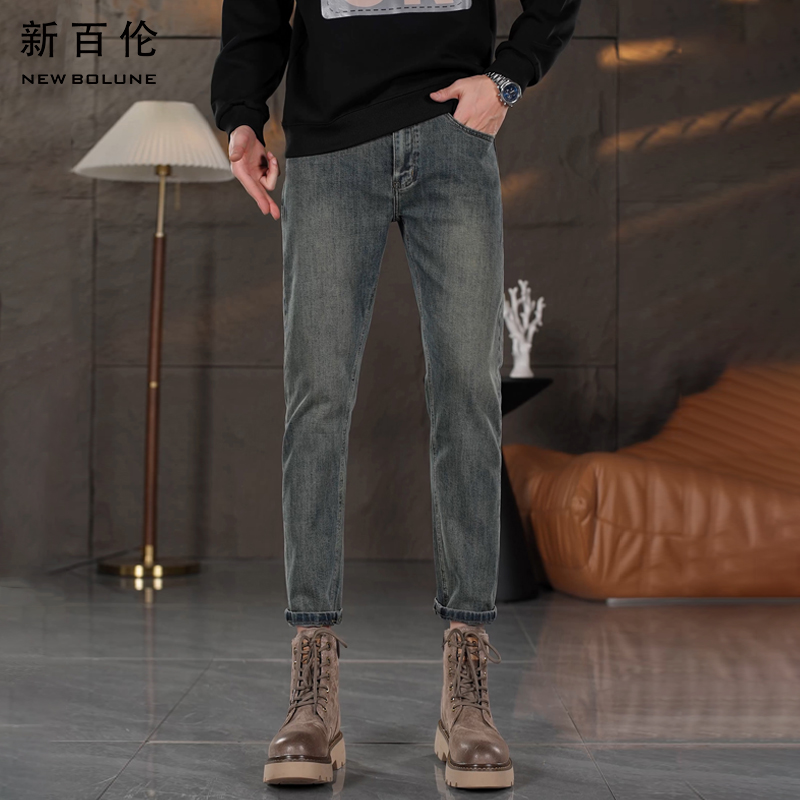 新百伦夏季男士百搭牛仔裤2025新款水泥灰修身直筒轻奢男款长裤潮