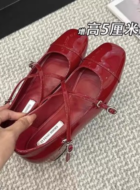 法式小香风漆皮内增高单鞋女2025春秋新款百搭交叉带红色玛丽珍鞋