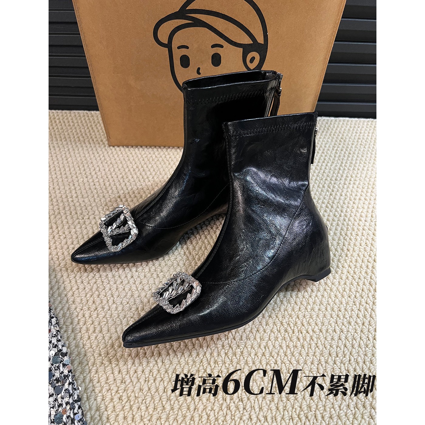 欧美风黑色内增高加绒水钻女短靴