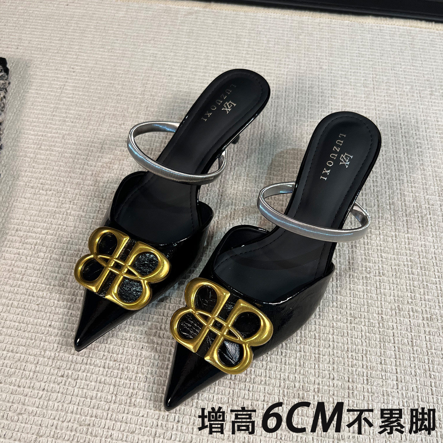 黑色尖头金属扣包头拖女细高跟增高6CM外穿穆勒鞋一脚蹬绝美凉拖图片