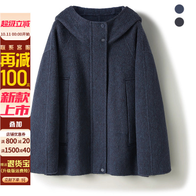 美利奴羊毛~韩版连帽减龄宽松短款双面呢外套秋冬女装羊绒卫大衣