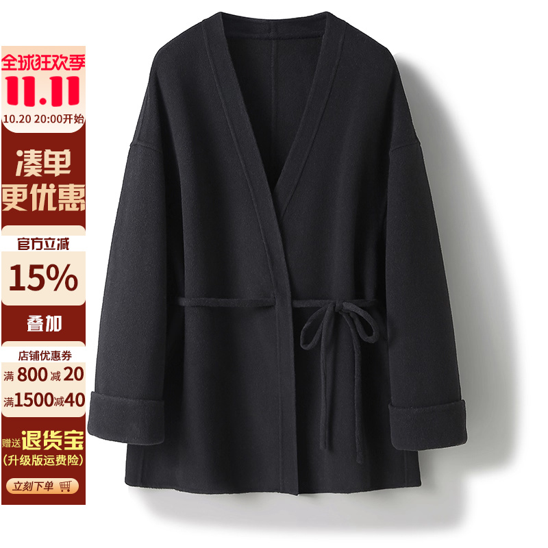 阿拉善山羊绒~羊毛V领侧系绳宽松显瘦外套秋女通勤双面呢西装大衣