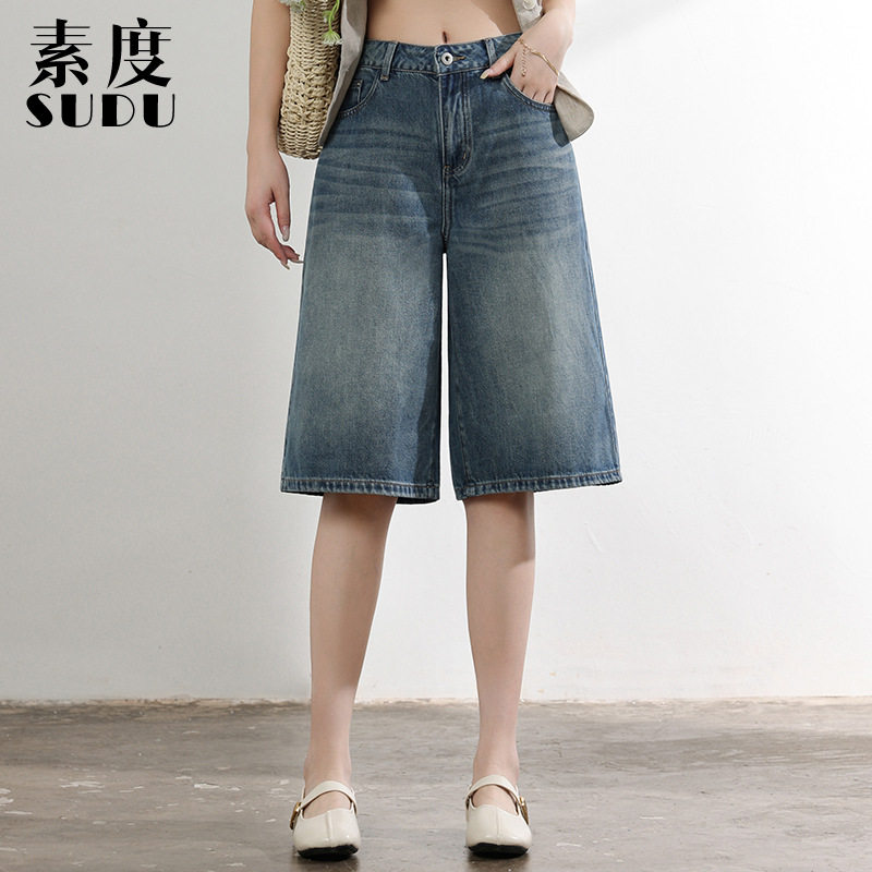 素度新款夏季BF风牛仔短裤女复古水洗大牛宽松时尚莱赛尔棉六分裤