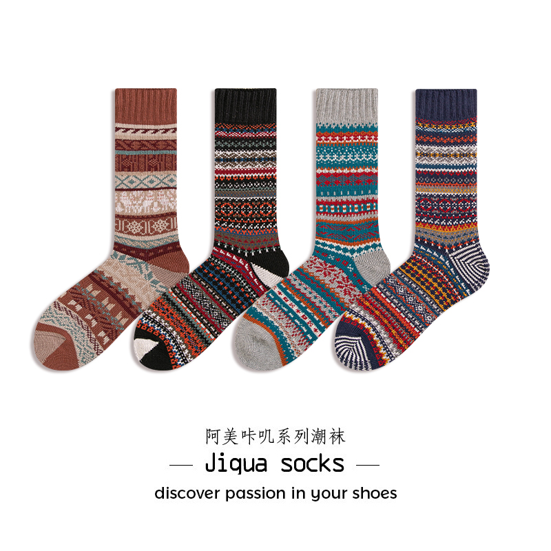 咔叽潮牌男士纯棉粗线加厚中筒袜