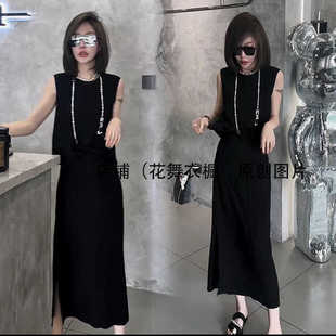 夏季气场强大高端精致女神范上流社会小香风黑色西装连衣裙子套装