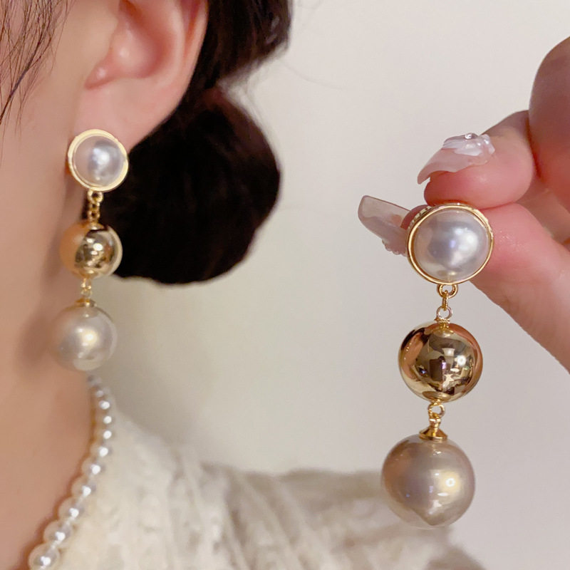 个性夸张珍珠耳钉金属球球流苏耳坠气质时尚百搭925银针耳环长款