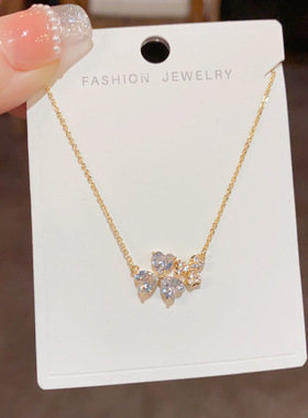 法式气质甜美轻奢锆石三叶花项链女小众花朵小众高级感锁骨链新款