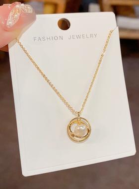 时尚百搭金属圆环淡水珍珠项链女知道气质简约小众轻奢高级锁骨链