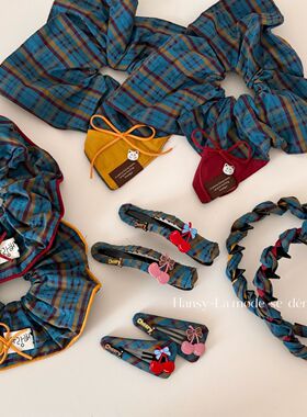 红蓝黄色格纹大肠发圈方巾樱桃发夹盘发鸭嘴夹BB夹刘海侧边夹发箍