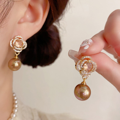 轻奢锆石花瓣吊珍珠银针超闪耳坠