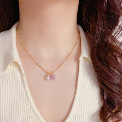 气质时尚超闪紫钻珍珠吊坠圆珠链女轻奢小众高级感首饰新款潮颈链
