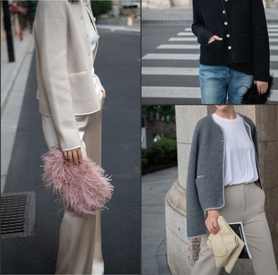 “精致又可爱”100%山羊绒莱卡针织550g+厚糯短款滚边外套宽松