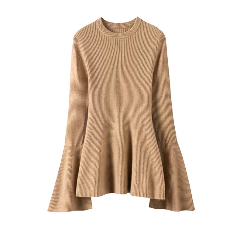 “古典式优雅”100%山羊绒喇叭袖坑条沙漏型修身针织上衣荷叶毛衣,女装/女士精品,毛衣,淘宝优惠券,粉丝福利购,淘宝优惠卷