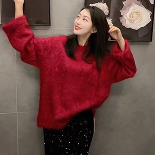 红玫瑰色 圣诞新年红色加厚羊绒衫拉毛长毛拉绒毛衣上衣