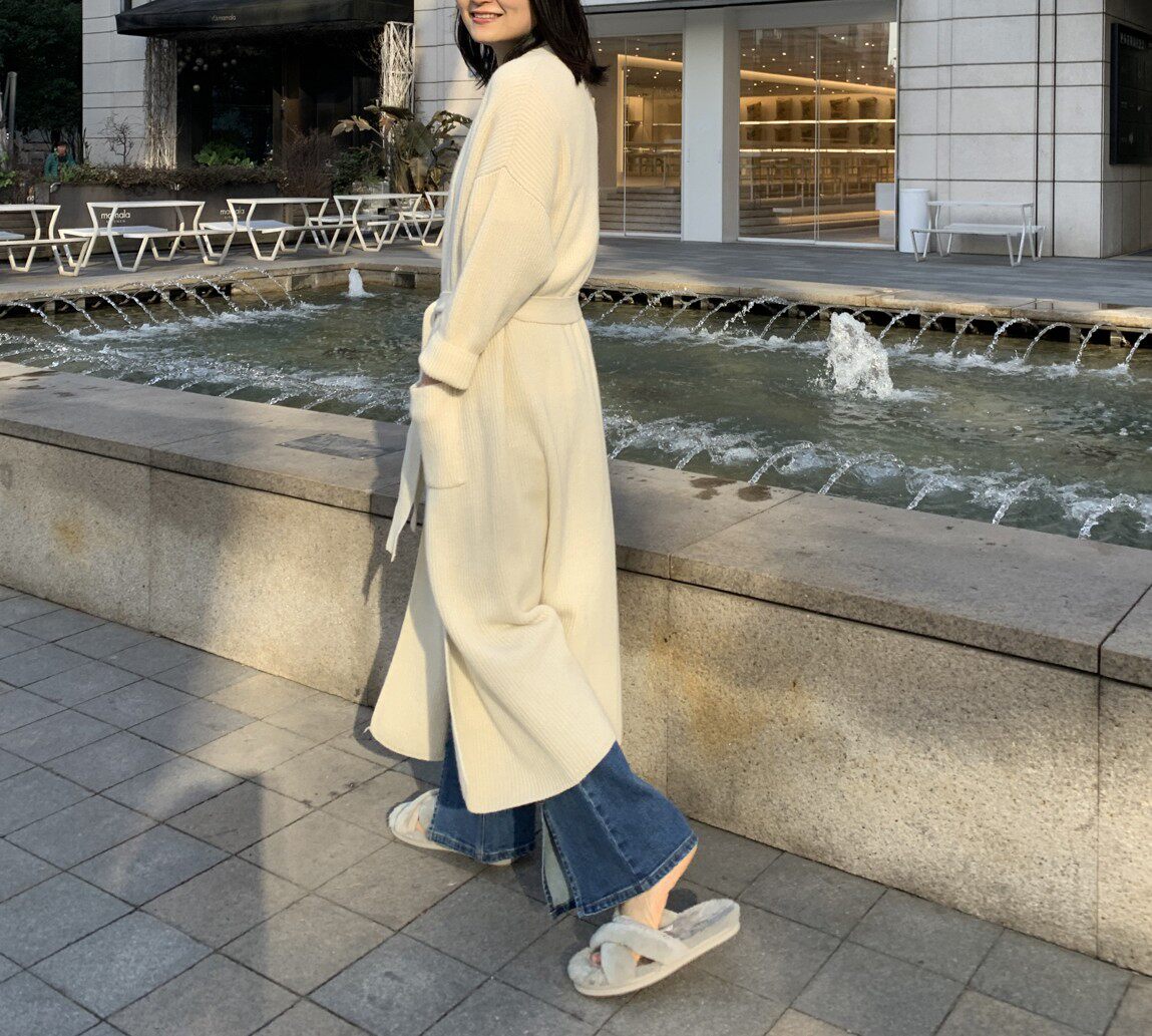 100%纯羊绒宽松长袖睡袍毛衣加长开衫外套口袋白色腰带女新款
