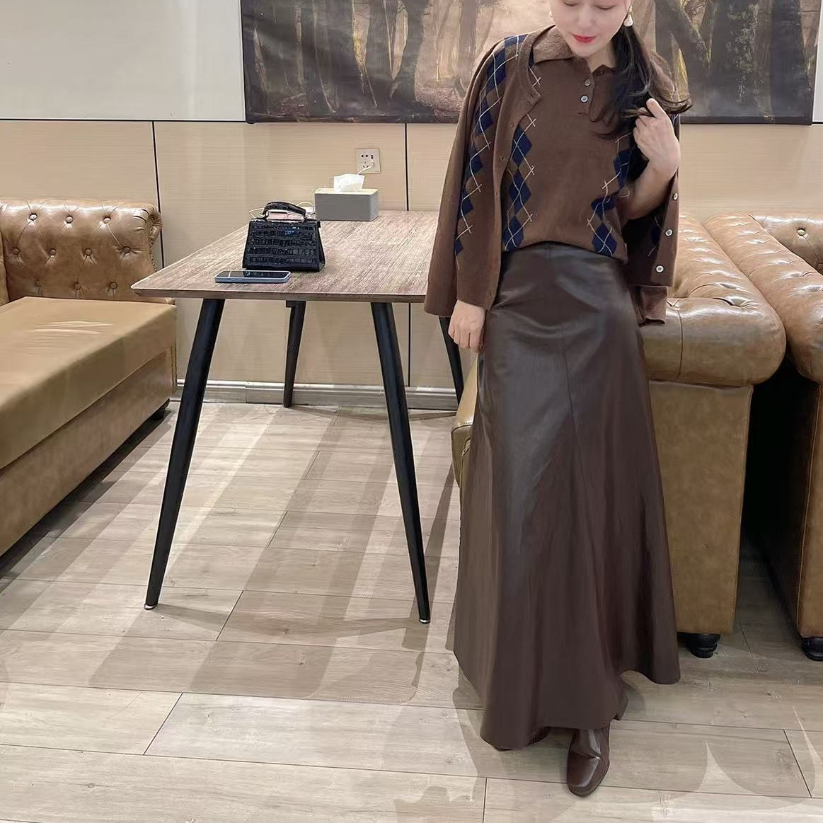 miu系穿搭学院风羊绒复古菱格纹提花套装/polo短袖/开衫