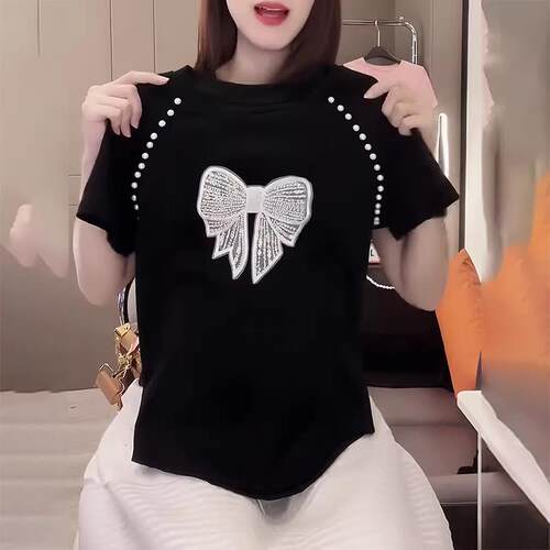 新款重工蝴蝶刺绣烫钻落肩短袖