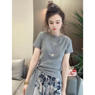 2025設(shè)計個性 夏季 新款 圓領(lǐng)打底小衫 上衣女 下擺設(shè)計感百搭顯瘦短袖