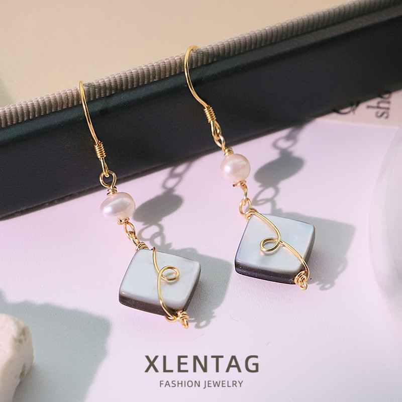 原创天然珍珠菱形贝壳纯银耳钩耳环女轻奢耳钉高级感百搭手工耳饰