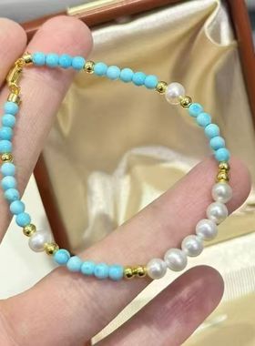 天然淡水珍珠绿松石手链女新中式简约手串气质设计款诸暨珍珠手链