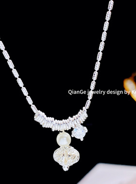 艺达 日韩时尚小众镶钻珍珠吊坠项链女 气质百搭精致设计感锁骨链