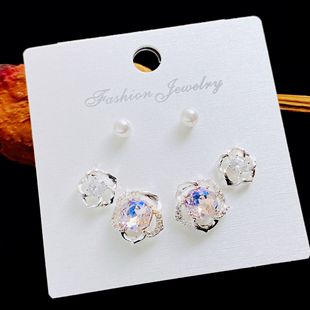 卡娜米娜 精致镂空镶钻水晶花朵三对装耳钉 s925银针甜美气质耳环