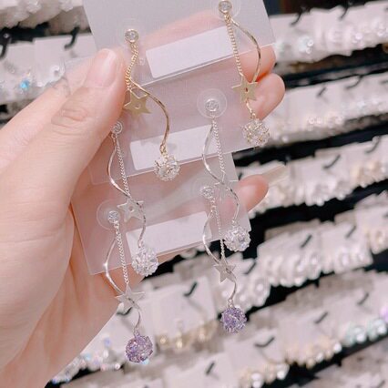 美薇韩版中长款流苏星星耳坠气质百搭微镶锆石耳环耳饰品