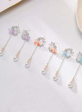精致甜美蝴蝶水滴耳环小清新长款蓝色蝴蝶流苏耳钉超仙气质耳饰