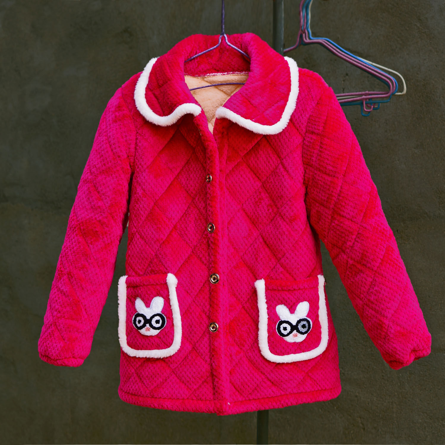 冬季加绒加厚翻领卡通短款棉衣保暖外穿宽松棉袄玫红色外套防寒