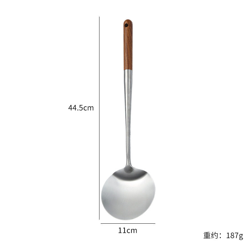 304木柄家用圆形锅铲加长不锈钢炒勺贵州扁形炒菜大炒勺炒铲