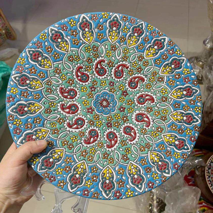 伊朗手工绘画陶瓷挂盘水果盘果盘欧式手绘30厘米壁饰带架子