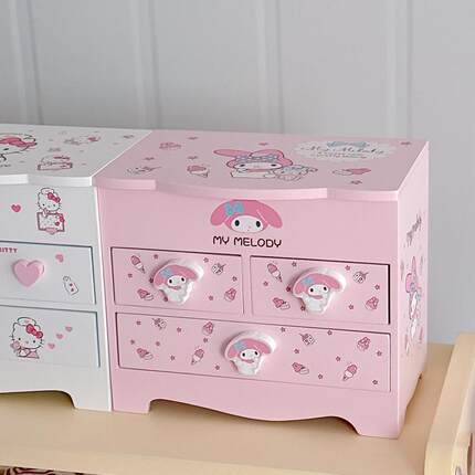 Hellokitty木质首饰盒收纳盒耳钉项链饰品黄金带镜桌面化妆盒可爱