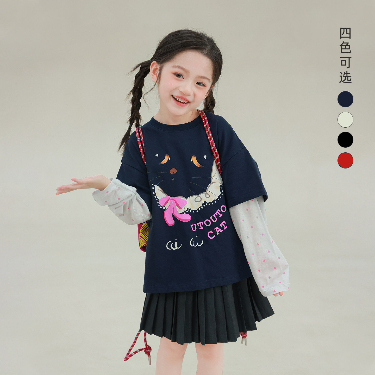 大耳象女童波点拼袖印花T恤2026春季新款宝儿假两件休闲长袖上衣