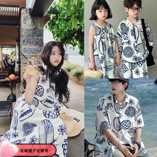 高级感亲子装花衬衫夏季一家三口母子母女装海边度假夏威夷连衣裙
