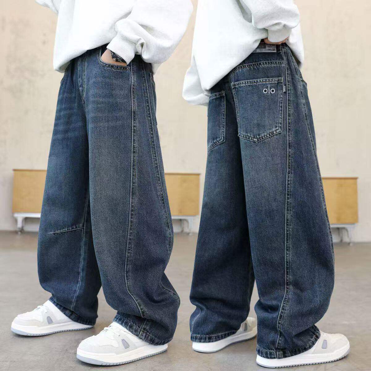 男童裤子春秋款宽松牛仔裤中大童阔腿裤加绒裤子儿童直筒户外长裤