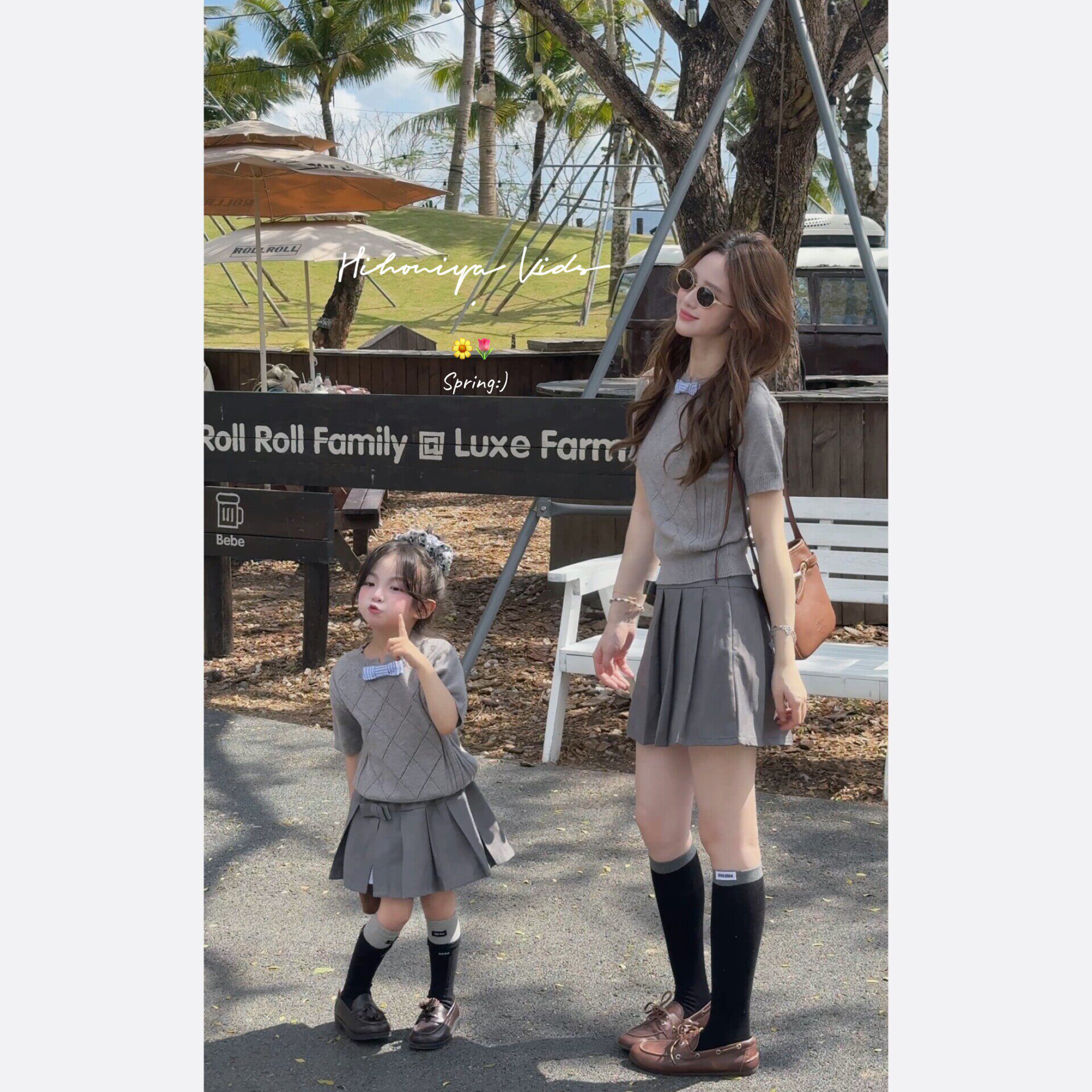 Spring韩国童装2026年春季新款亲子蝴蝶结镂空针织衫女童短袖毛衣