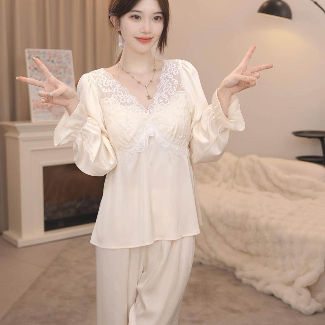 【花嫁两件套】睡衣女春秋季长袖冰丝高级感蕾丝性感纯欲风套装