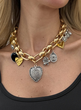 欧美跨境饰品 朋克风个性潮流爱心吊坠项链 夸张金属粗链几何项饰