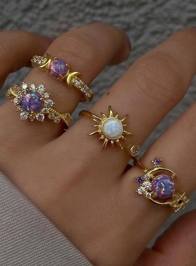 欧美跨境时尚ins宝石戒指 太阳月亮镶钻轻奢高级感几何指环套装女