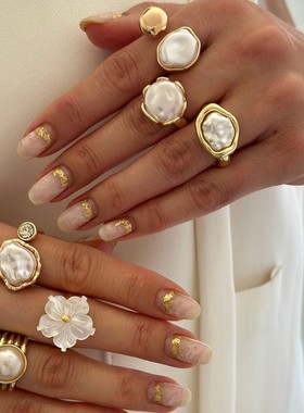 复古法式仿珍珠戒指套装欧美小众高级感不规则花朵气质网红手饰女