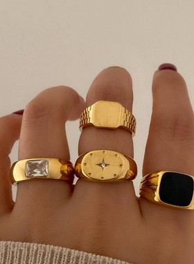 跨境新款八芒星镶钻戒指套装女小众简约镶钻黑色滴油光面金属指环