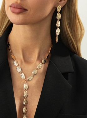 欧美跨境饰品 时尚金属不规则敲打Y形项链 ins冷淡风异形长款项饰